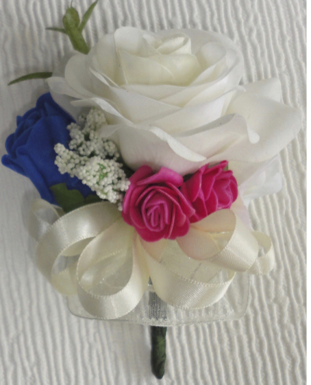 Ivory, Royal Blue & Fuchsia Rose Corsage, lifelike corsage for weddings